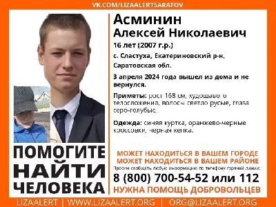 В Саратовской области пропал 16-летний Алексей Асминин