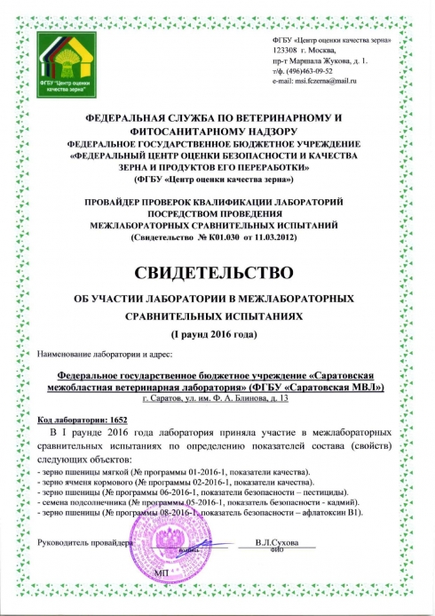 Результаты участия ФГБУ «Саратовская МВЛ» в межлабораторных сравнительных испытаниях за 9 месяцев 2016 года